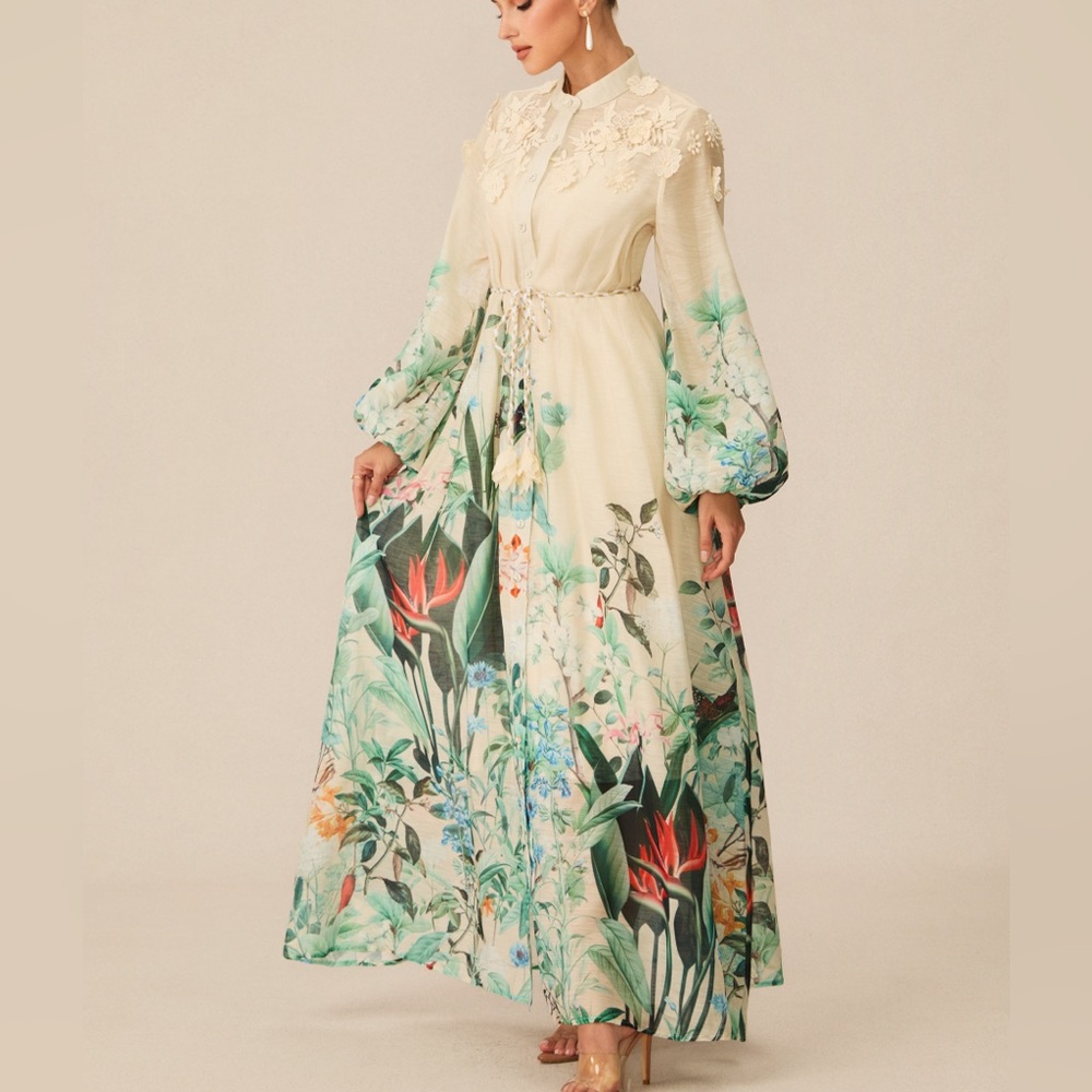 Designer-style Floral Print Puff Sleeve Maxi Dress